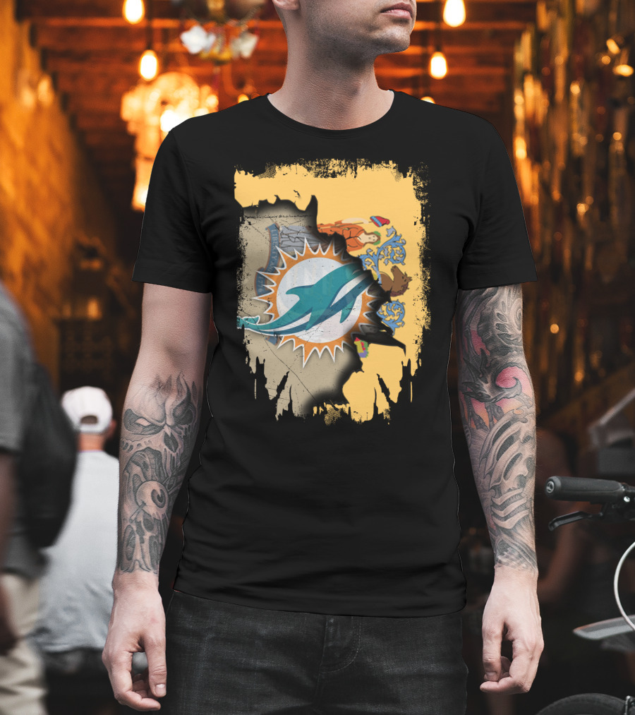 New Jersey Emblem With Miami Dolphins Logo Peeking Through T-Shirt