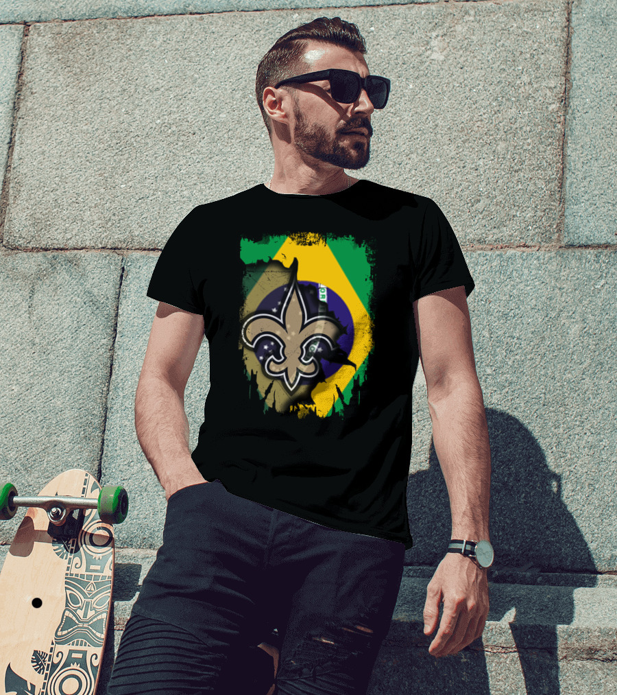 Brazilian Flag With New Orleans Saints Fleur-de-Lis Emblem T-Shirt