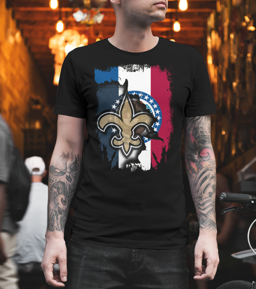 Missouri Flag With New Orleans Saints Fleur-de-Lis T-Shirt