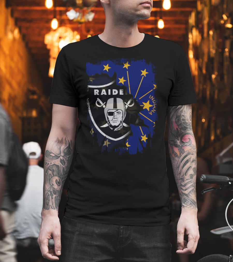 Raiders Logo Overlay on Indiana State Flag with Stars and Helmet T-Shirt