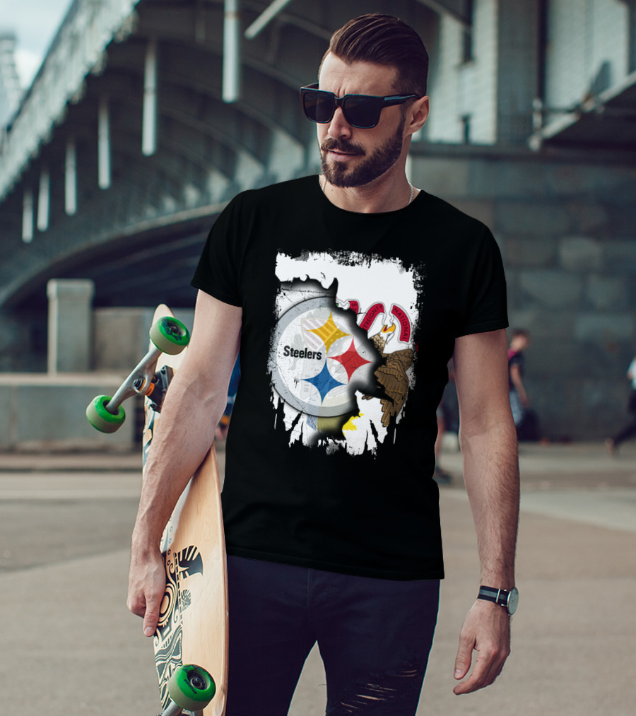 Illinois And Steelers Unity Emblem With State Symbols And NFL T-Shirt