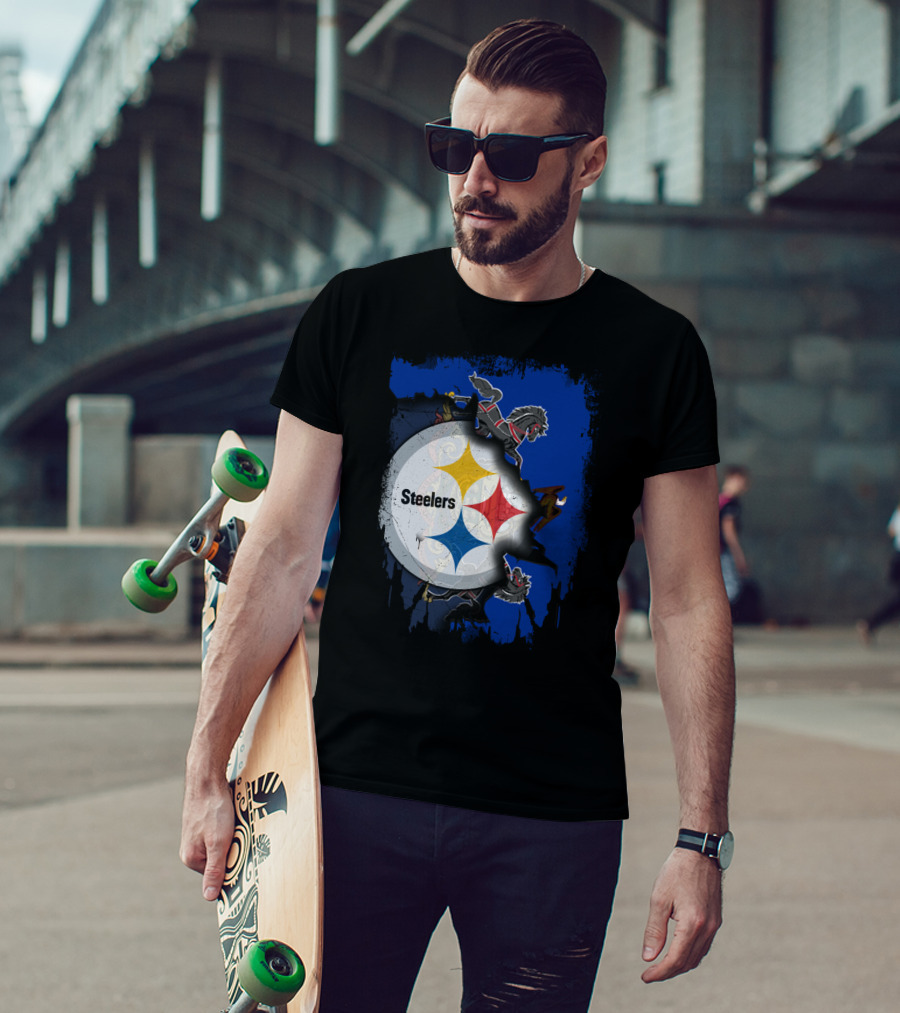 Steelers Together Pennsylvania With Horses And Eagle On Grunge Blue Background T-Shirt