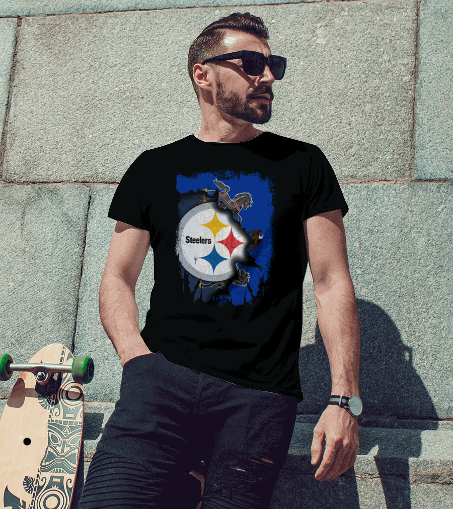 Steelers Together Pennsylvania With Horses And Eagle On Grunge Blue Background T-Shirt