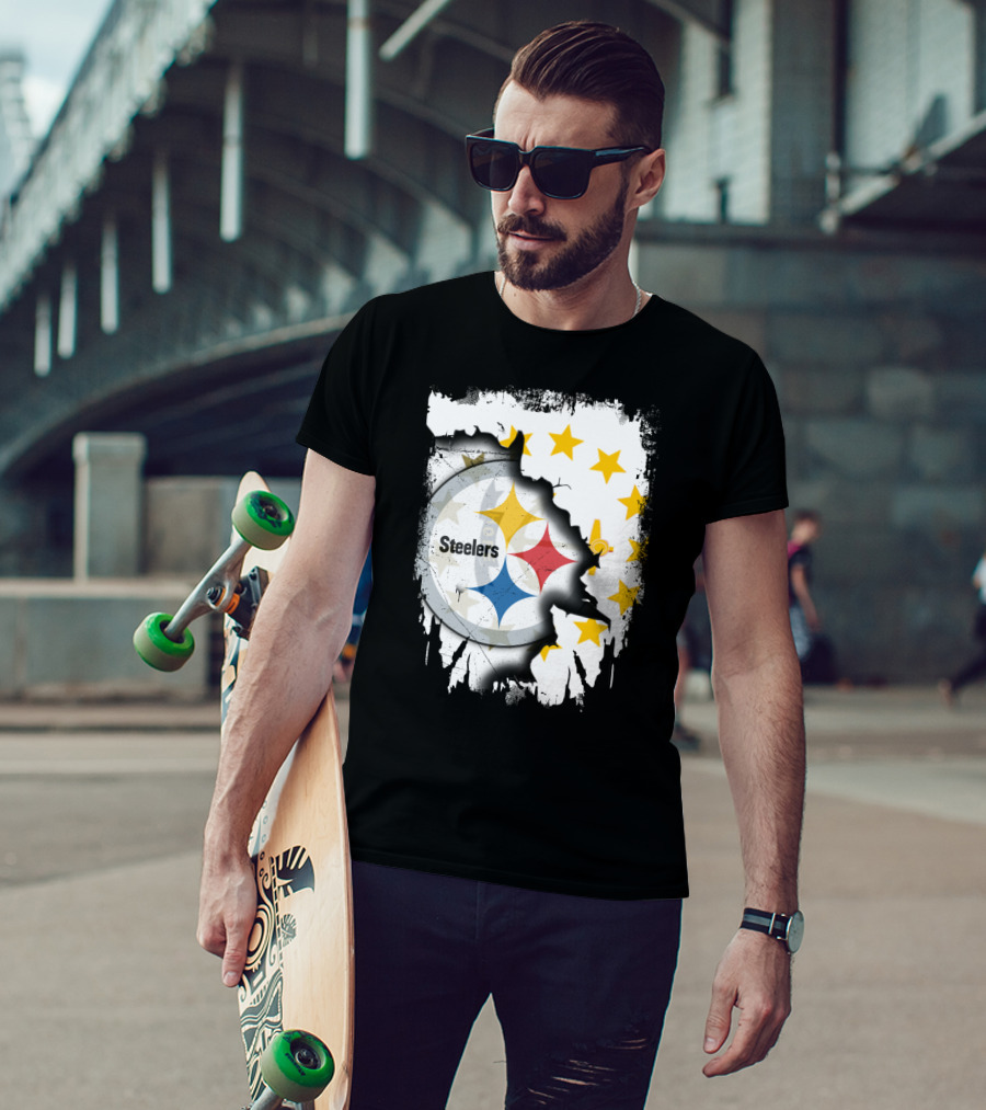 Steelers Logo With Rhode Island Stars And Torn Effect T-Shirt
