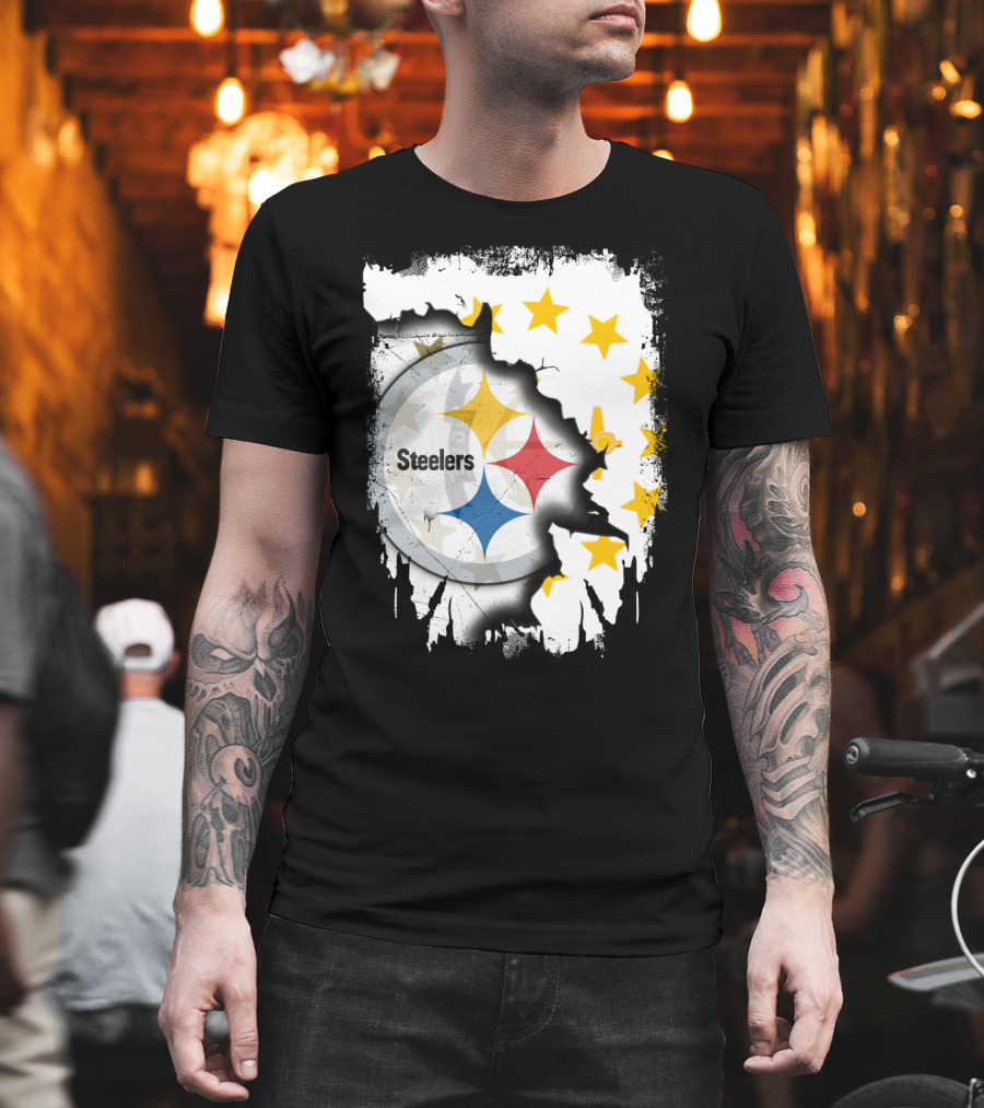 Steelers Logo with Rhode Island Stars and Torn Effect T-Shirt