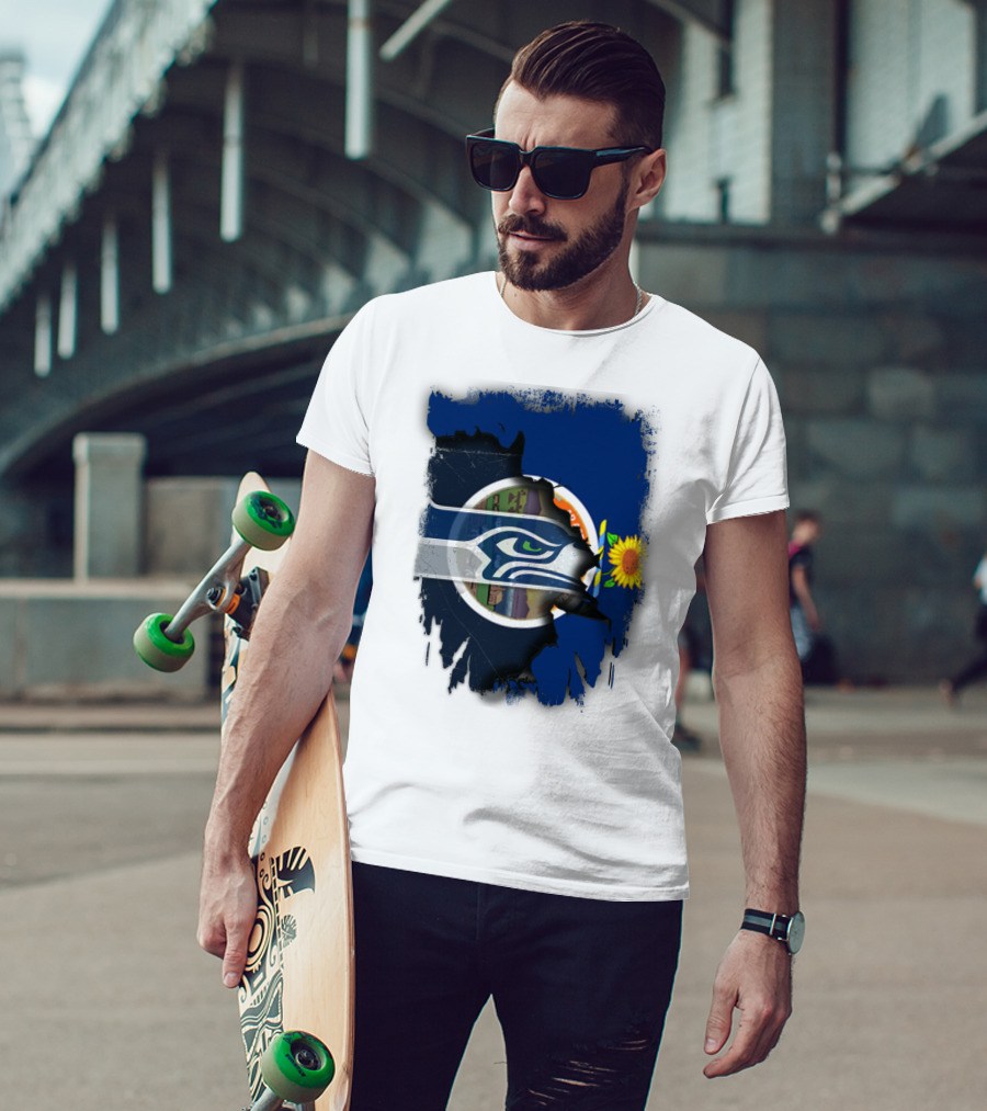 Kansas With Seahawks Heart And Sunflower Emblem T-Shirt