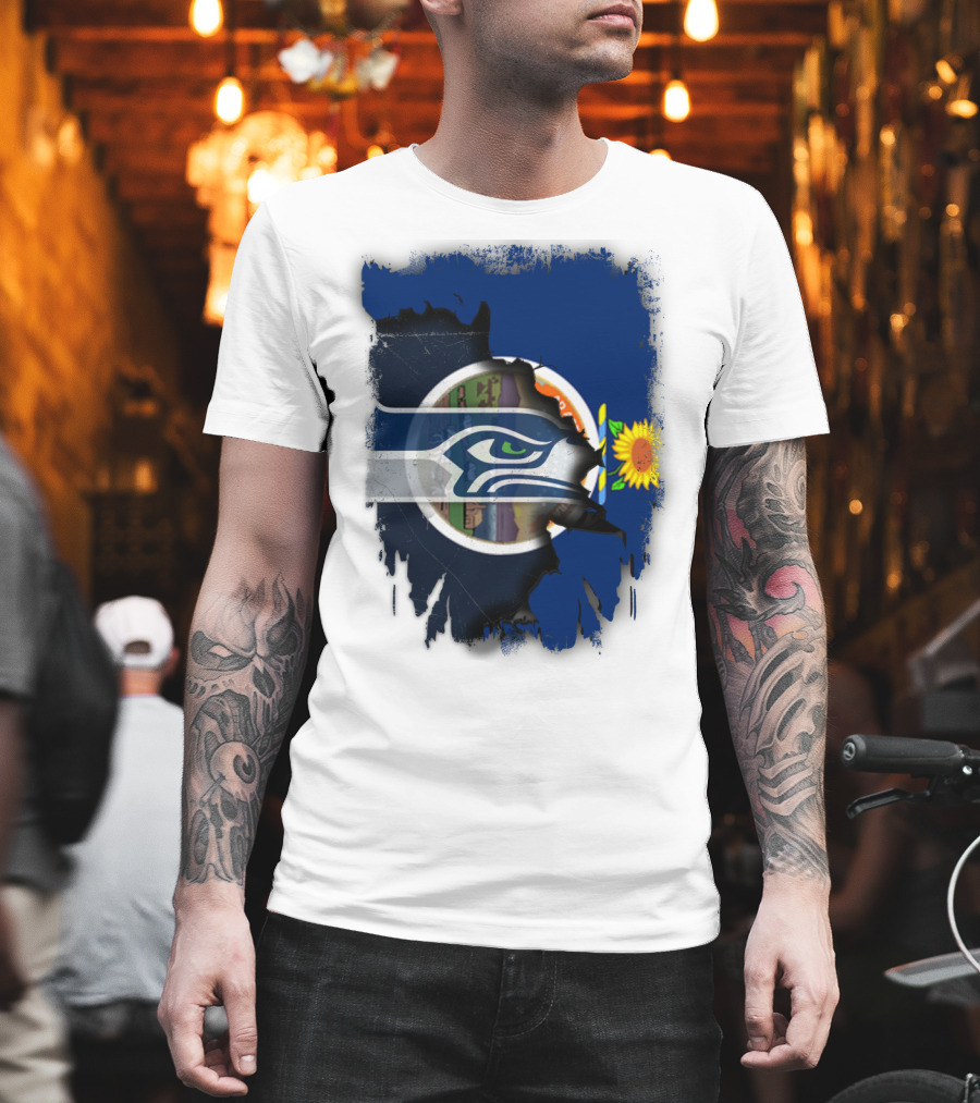 Kansas With Seahawks Heart And Sunflower Emblem T-Shirt