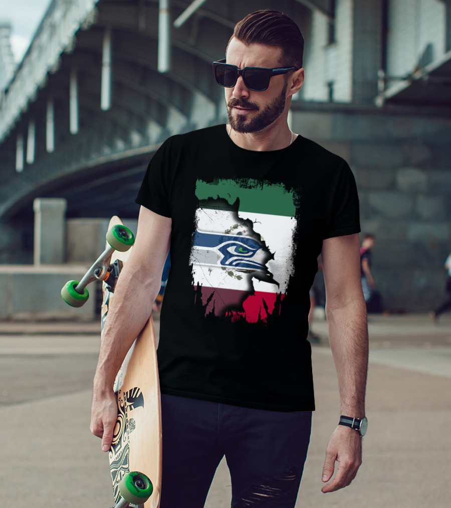 Mexico And Seahawks United With Flag And Logo Overlay T-Shirt