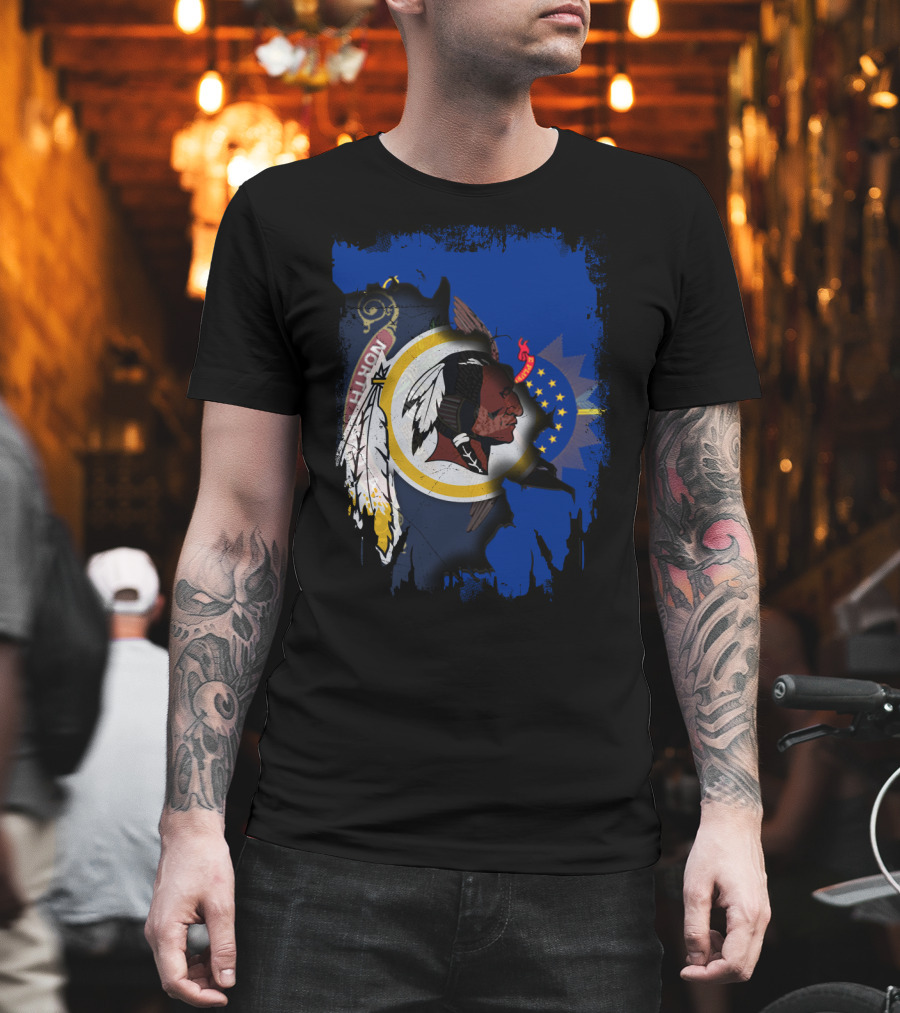 North Dakota Pride With Redskins Symbol On Blue T-Shirt