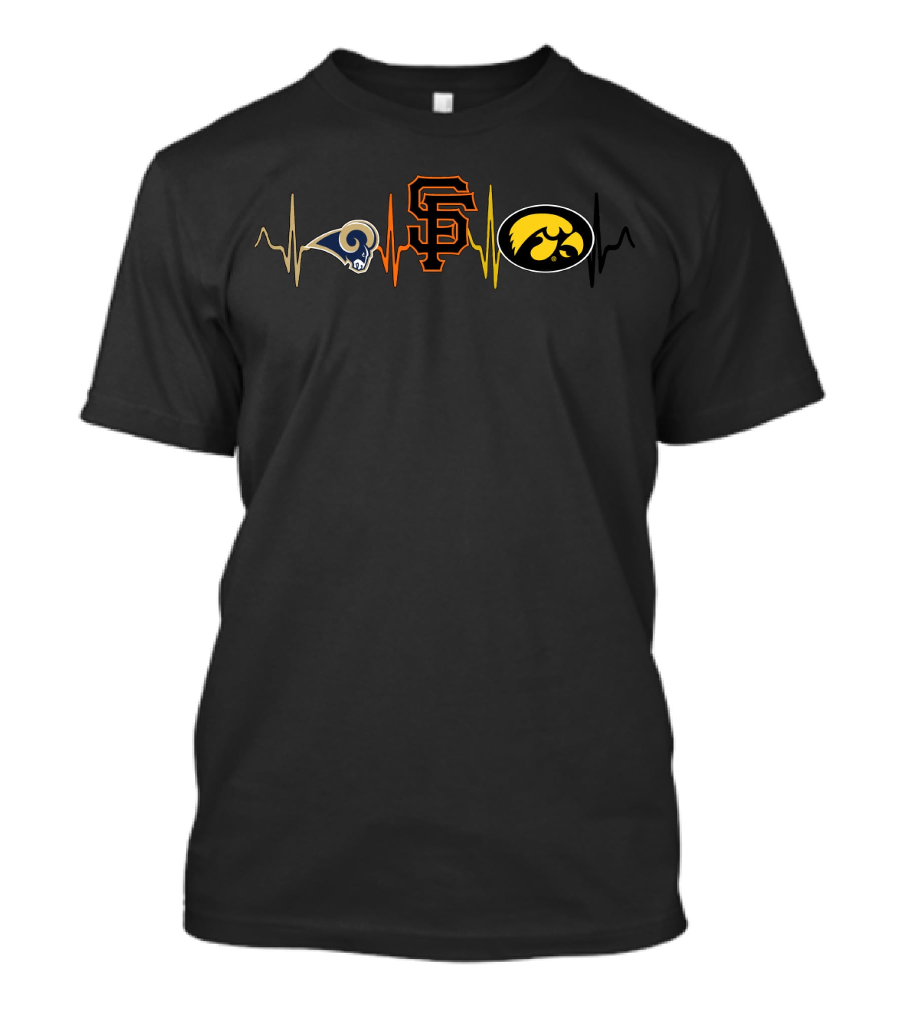 Love Rams Giants Iowa Hawkeyes Fan Heartbeat T-Shirt