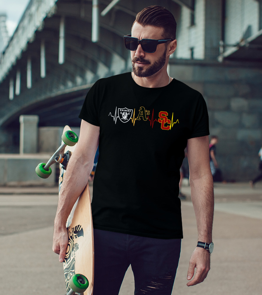 Raiders Athletics A's Usc Love With Heartbeat Icons T-Shirt