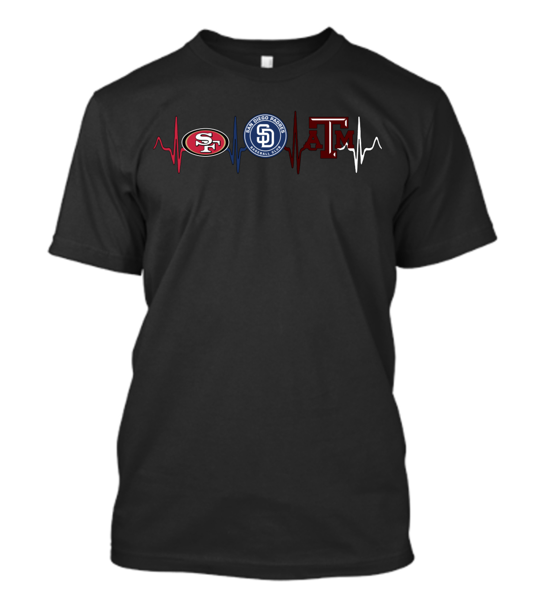 Heartbeats For San Francisco 49ers San Diego Padres And Texas A&M Aggies T-Shirt