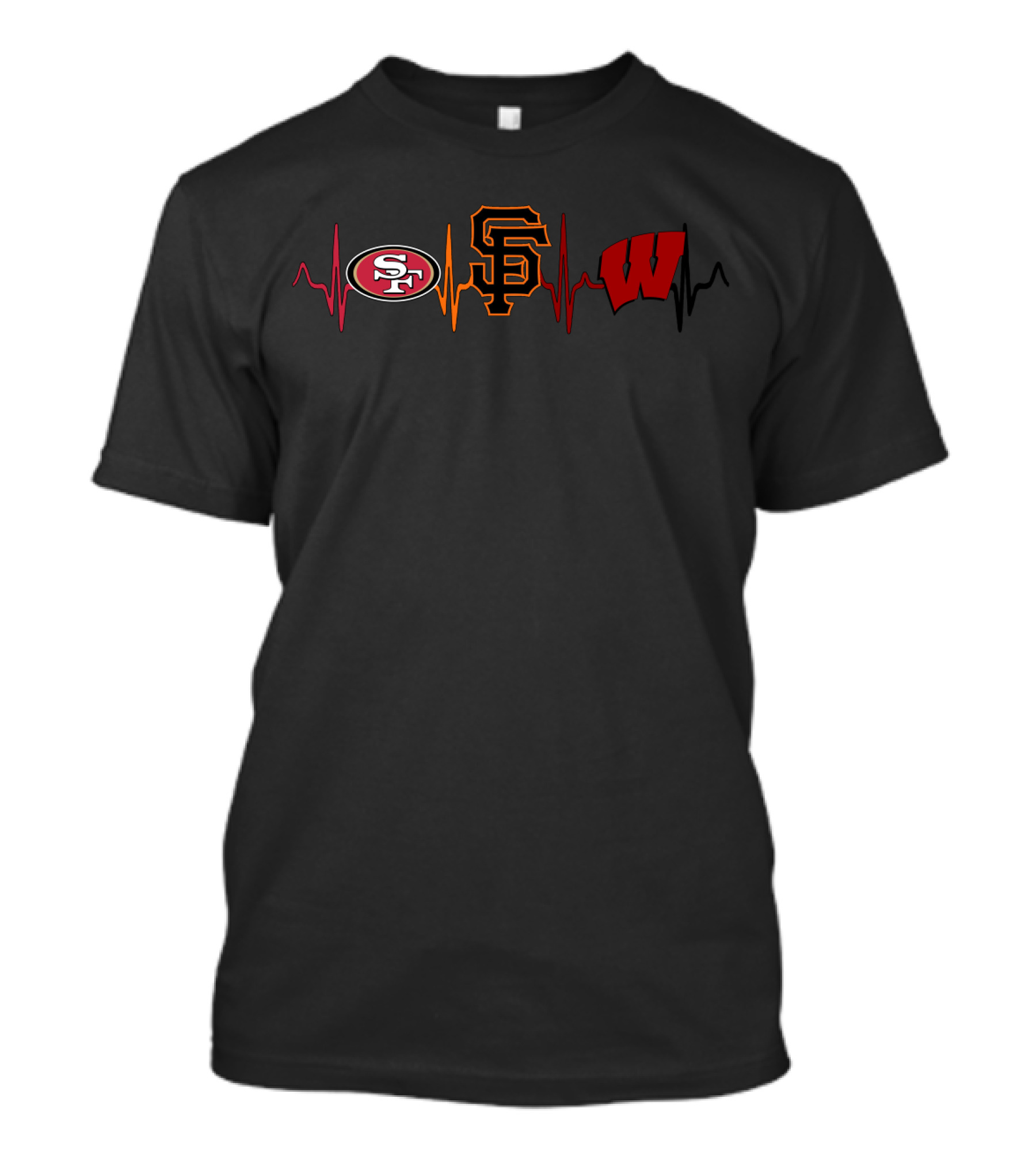 Love 49ers Giants Wisconsin Badgers Logos With Heartbeat Lines T-Shirt