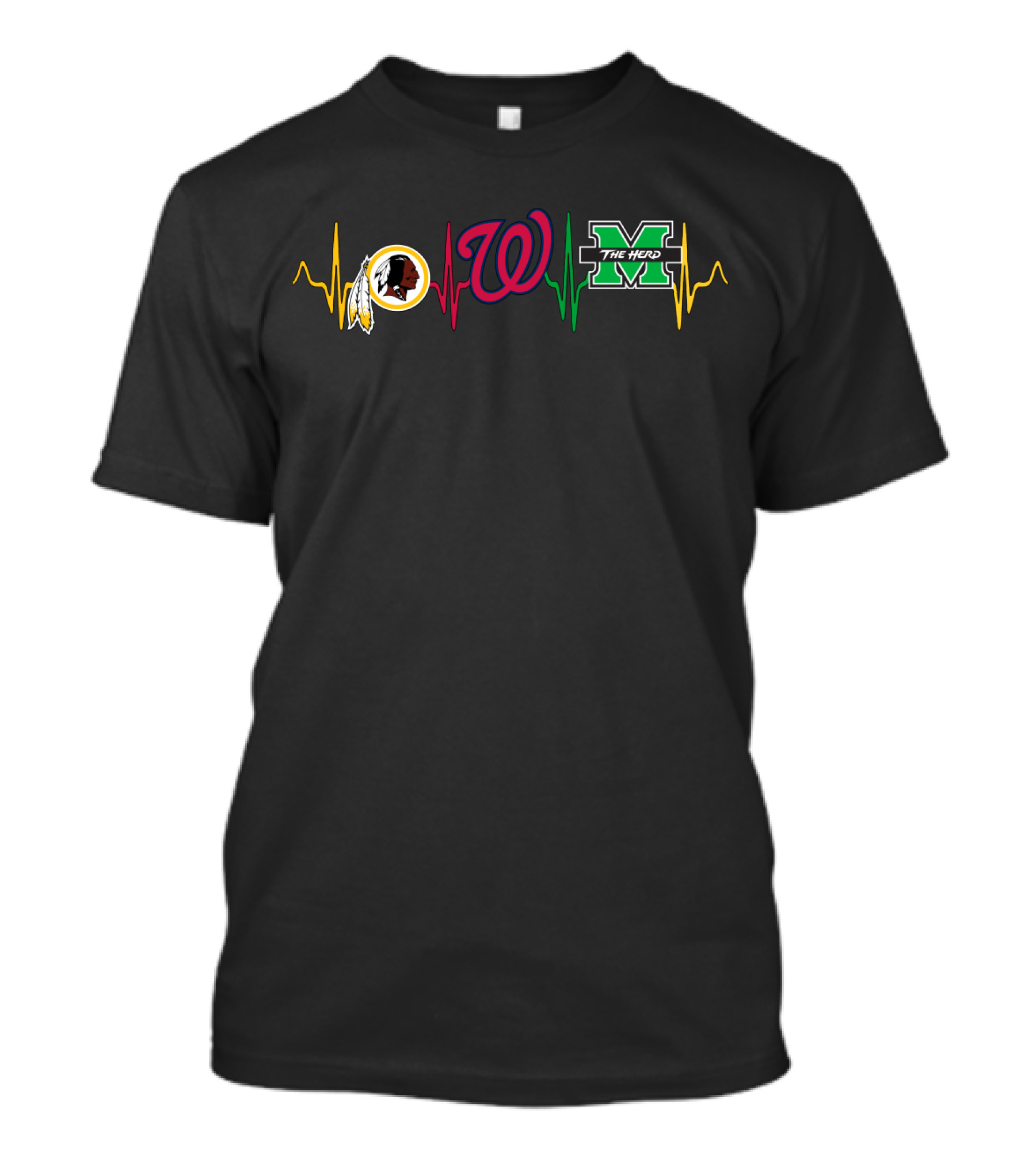 Love Redskins Washington Nationals Marshall Thundering Herd Logos With Heartbeat T-Shirt
