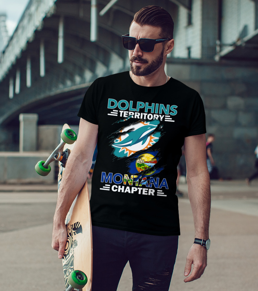 Dolphins Territory Montana Chapter Miami Dolphins Logo With Montana State Flag T-Shirt