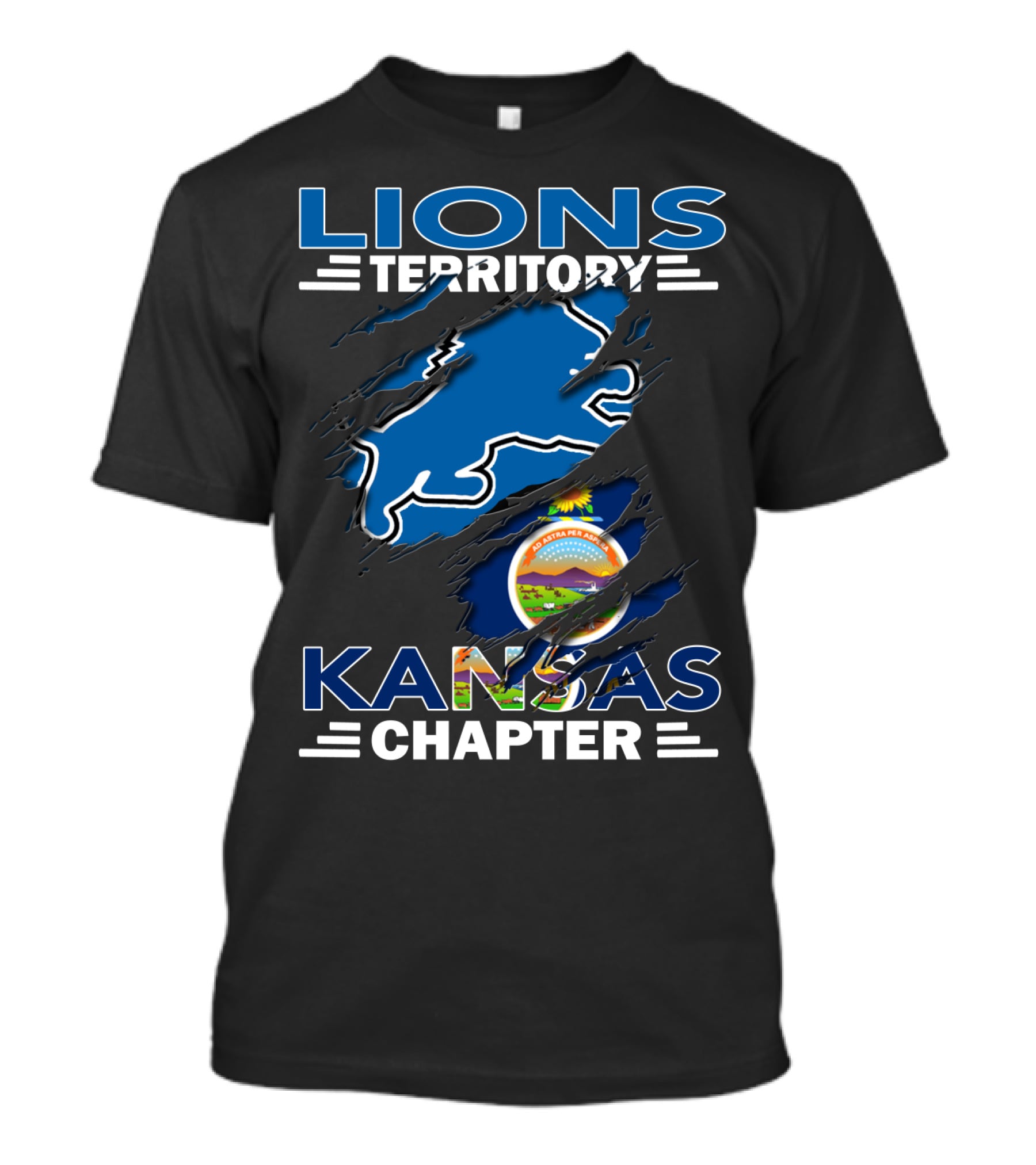 Lions Territory Kansas Chapter With Blue Lion And Kansas Seal T-Shirt