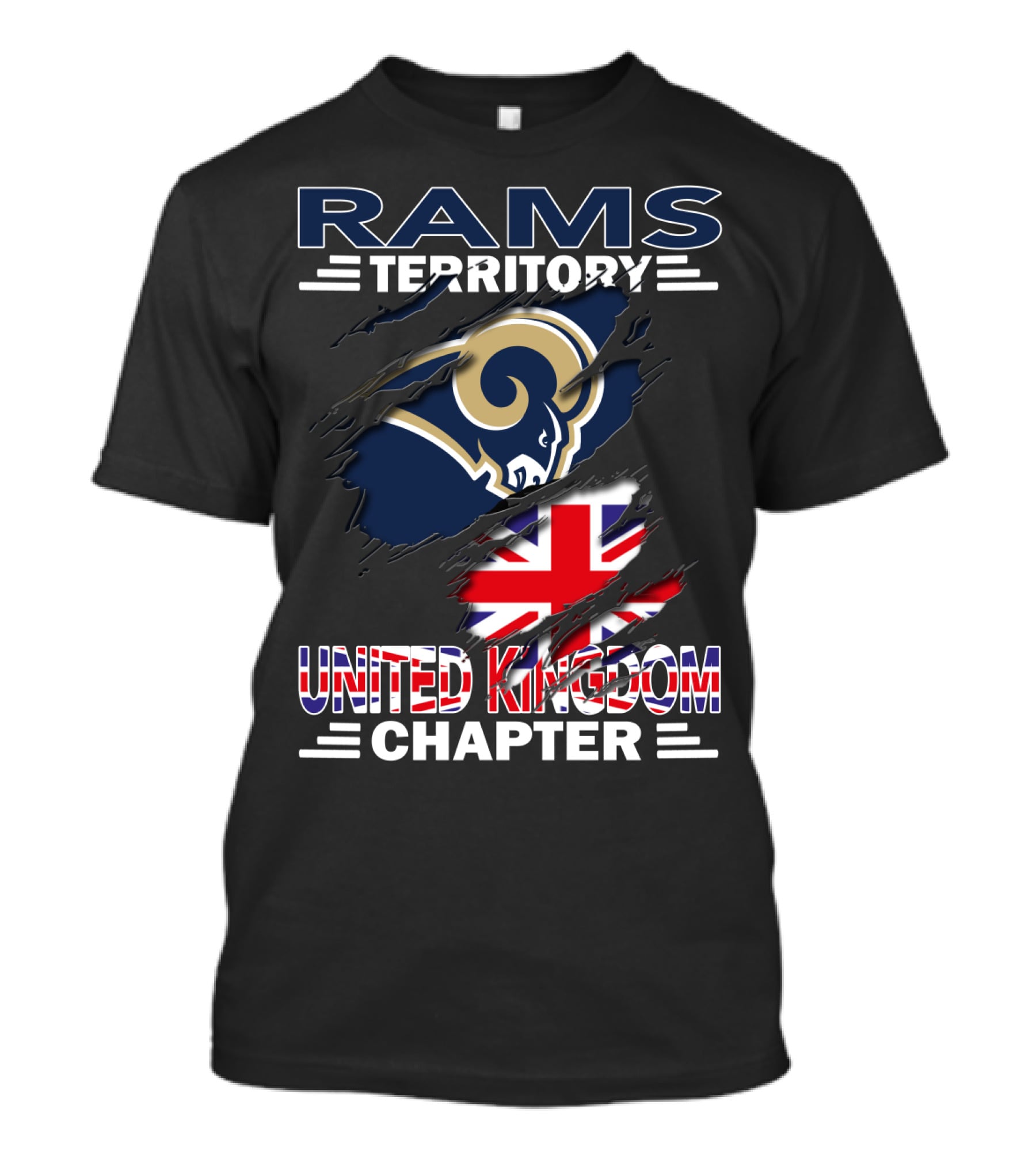 Rams Territory United Kingdom Chapter With Rams Logo And Union Jack T-Shirt