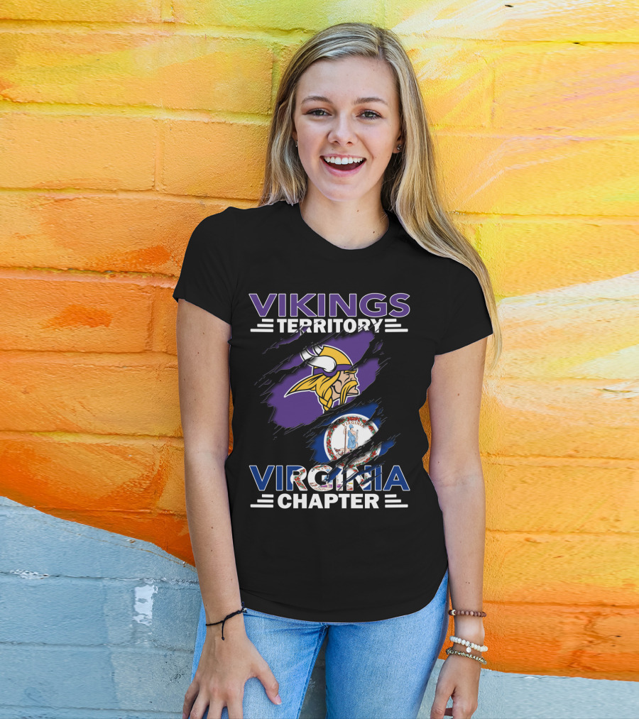 Vikings Territory Virginia Chapter Logo With State Flag Ripped Effect T-Shirt