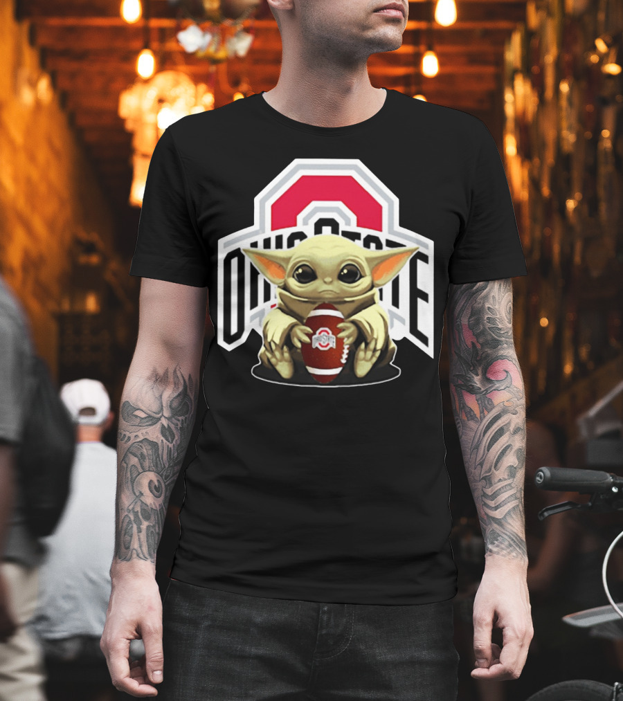 Baby Yoda Holding Ohio State Buckeyes Football T-Shirt