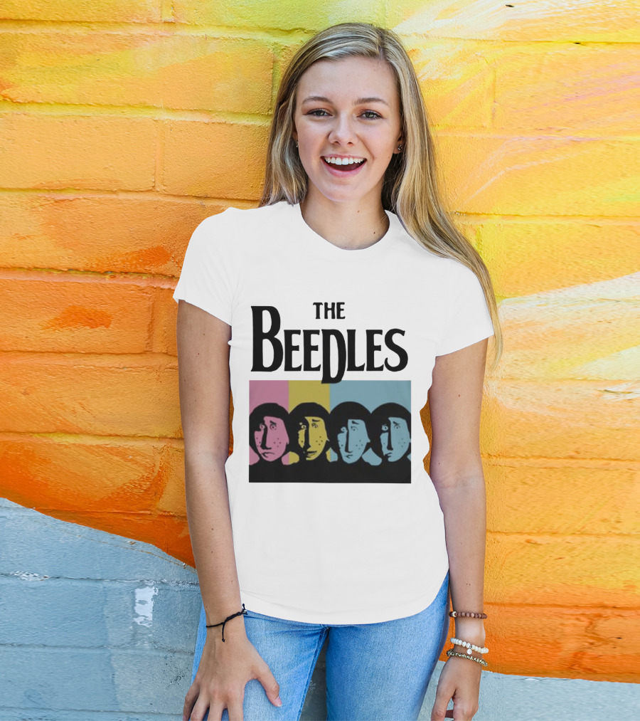 The Beedles Cartoon Pop Art Faces In Pink Yellow Blue T-Shirt