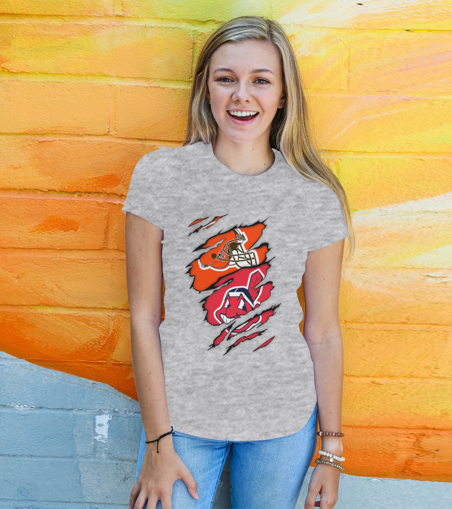 Cleveland Indians Browns Football Helmet Chief Wahoo Torn Rip T-Shirt