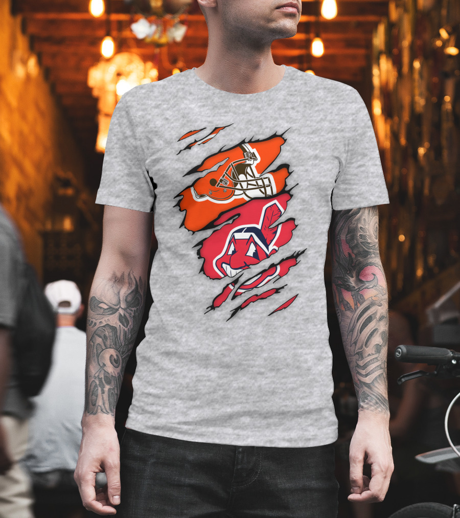 Cleveland Indians Browns Football Helmet Chief Wahoo Torn Rip T-Shirt