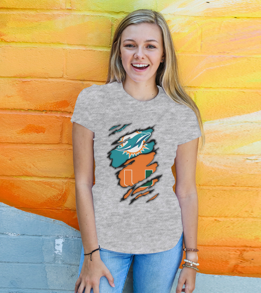Miami Hurricanes Miami Dolphins Logo Design Claw Mark Style T-Shirt