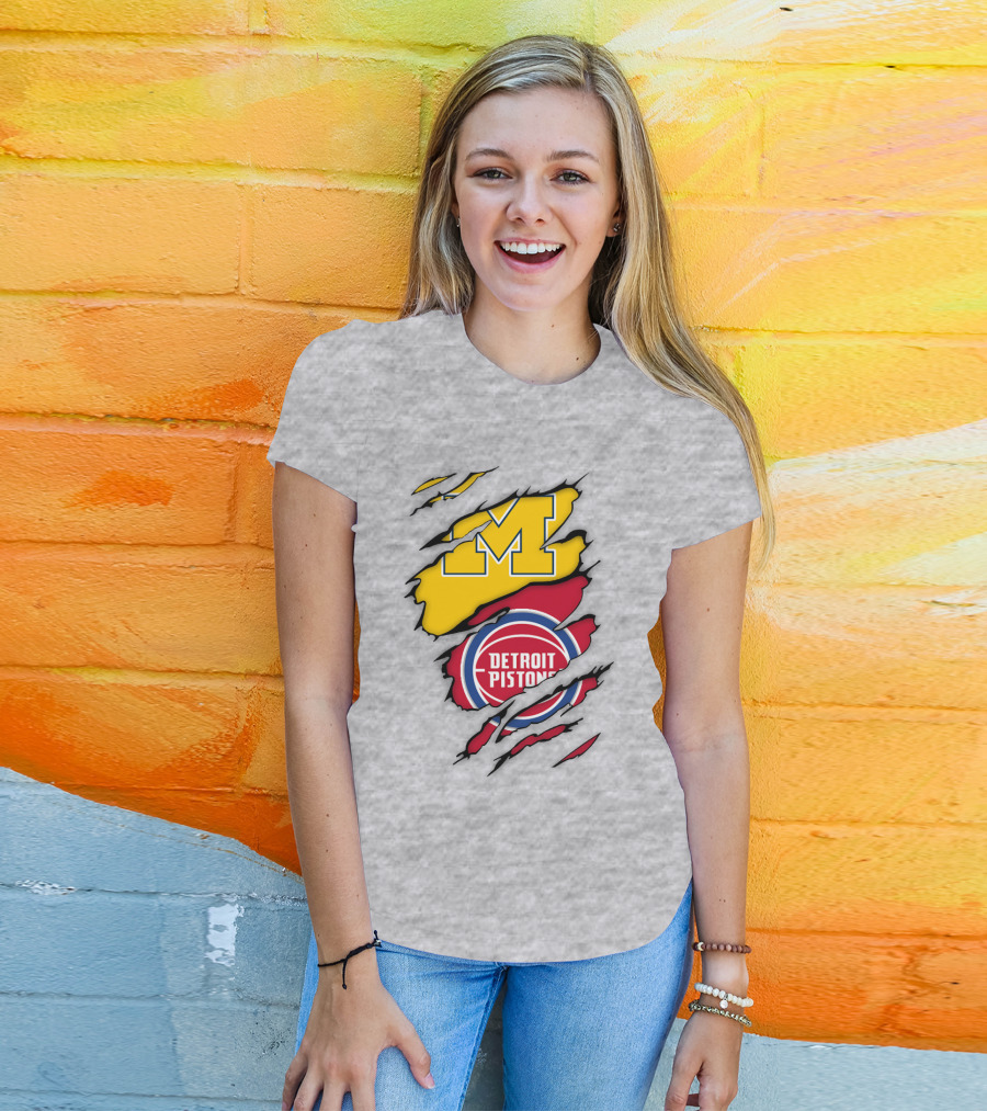 Detroit Pistons Michigan Wolverines Team Logo Mashup T-Shirt
