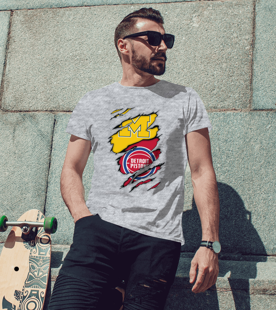 Detroit Pistons Michigan Wolverines Team Logo Mashup T-Shirt