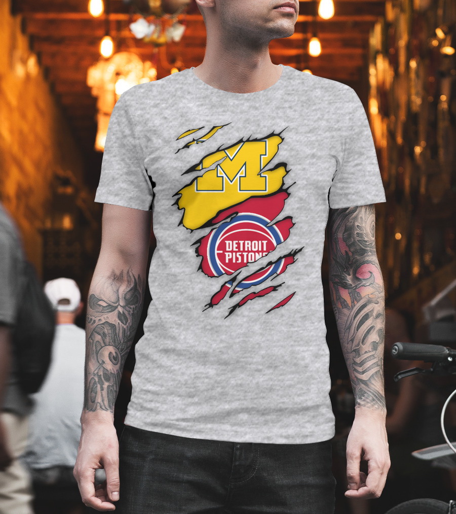 Detroit Pistons Michigan Wolverines Team Logo Mashup T-Shirt