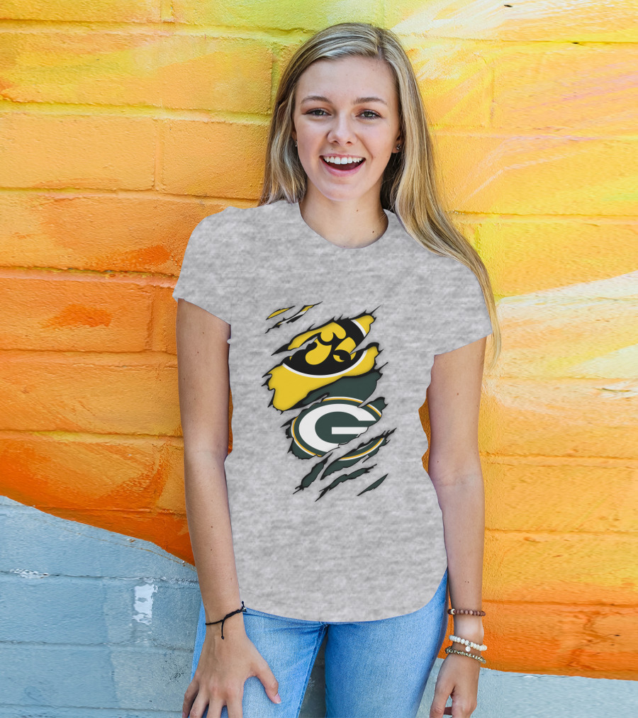 Green Bay Packers Iowa Hawkeyes Team Spirit Logo Fusion T-Shirt