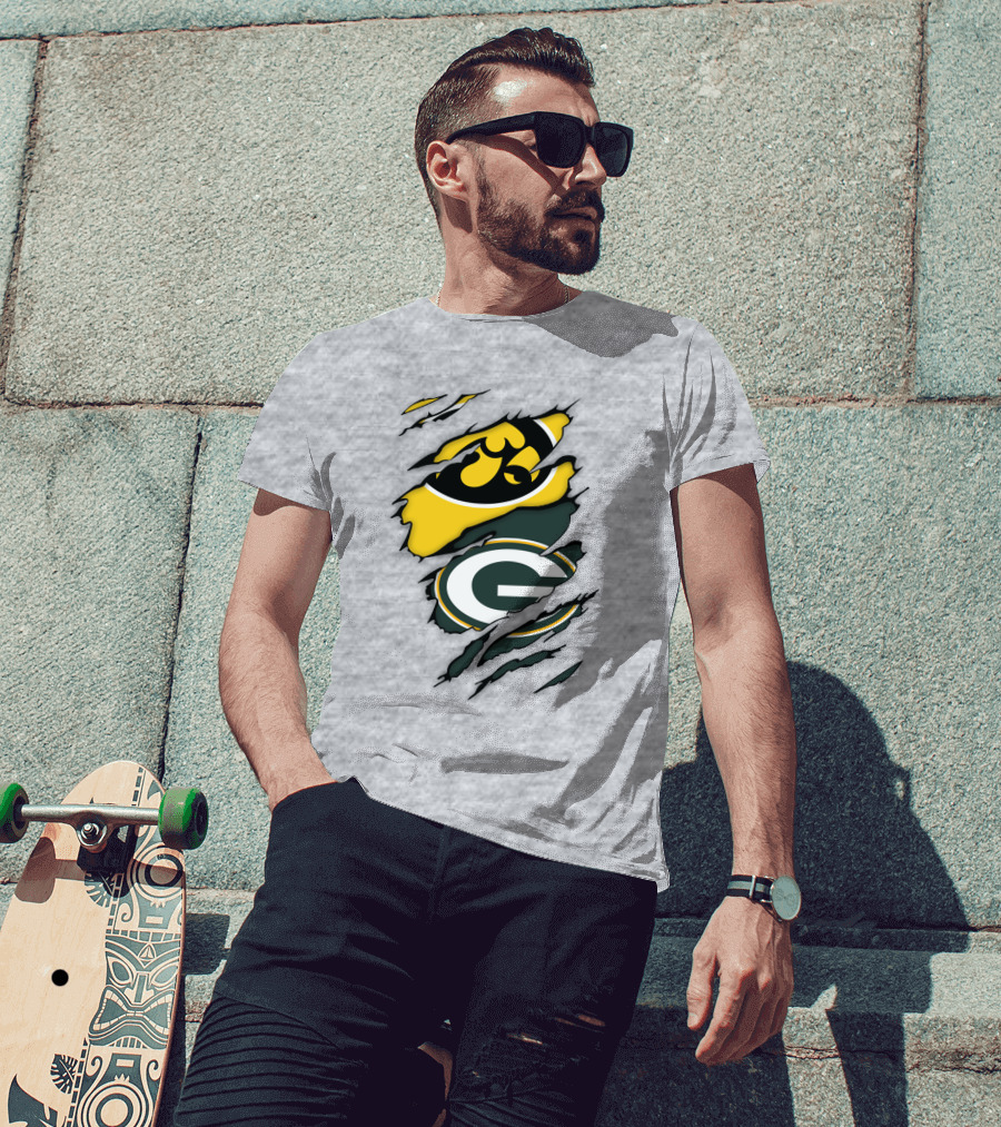 Green Bay Packers Iowa Hawkeyes Team Spirit Logo Fusion T-Shirt