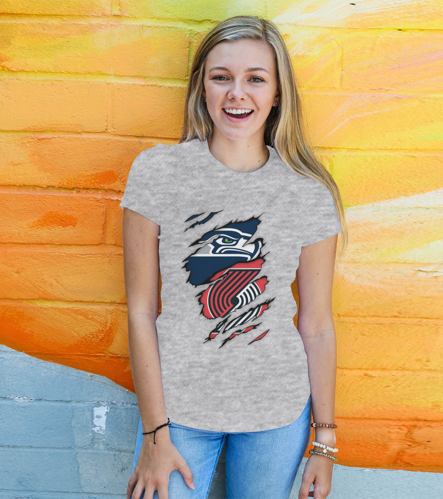 Portland Trail Blazers Seattle Seahawks Ripped Logo Fusion T-Shirt