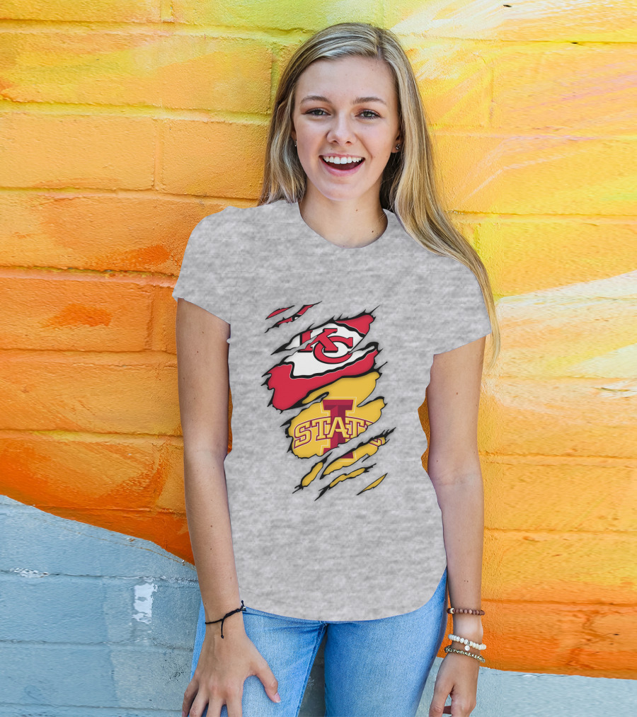Iowa State Cyclones Kansas City Chiefs Logo Ripped Style T-Shirt
