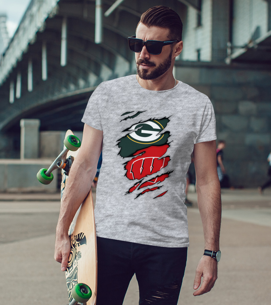 Wisconsin Badgers And Green Bay Packers Claw Marks Logo Mashup T-Shirt