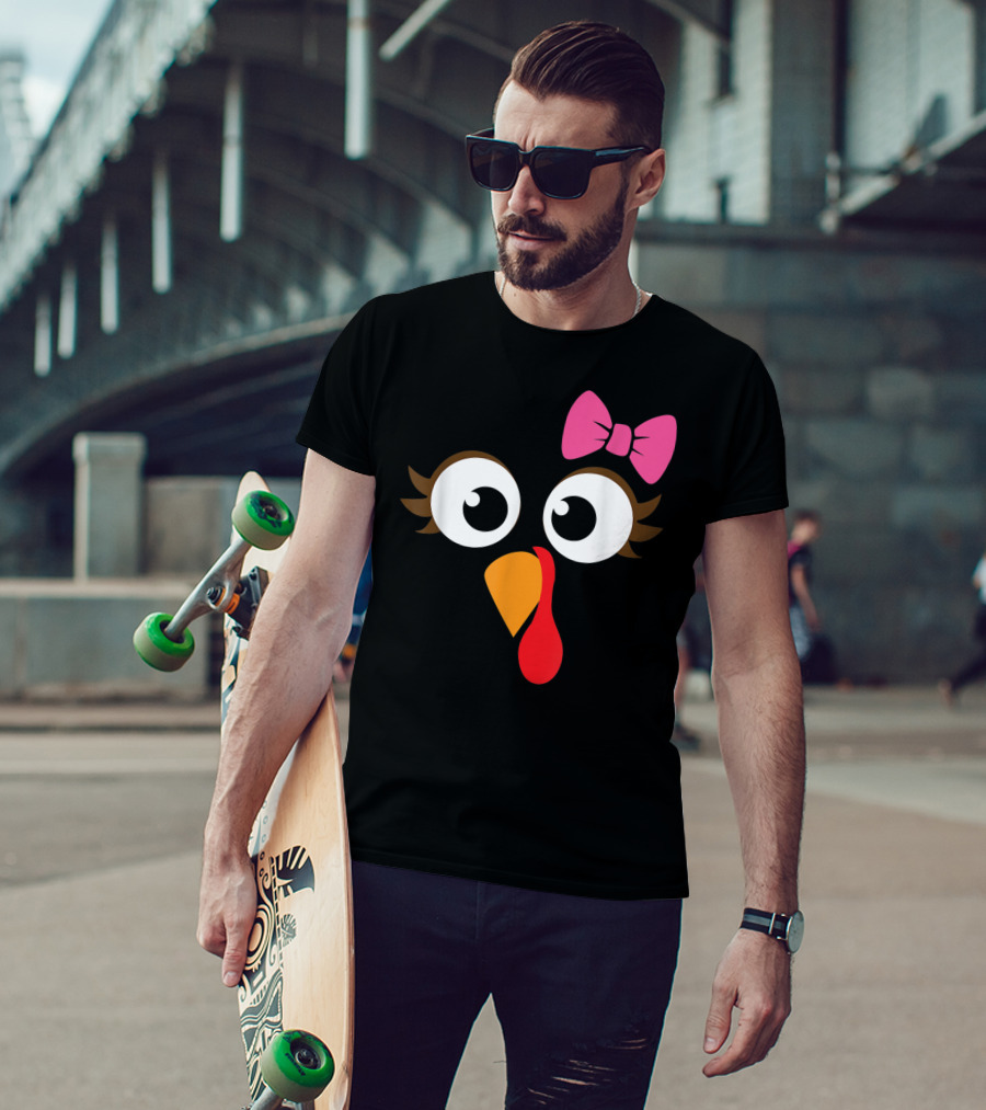 Turkey Face With Pink Bow Girl Cartoon Eyes T-Shirt