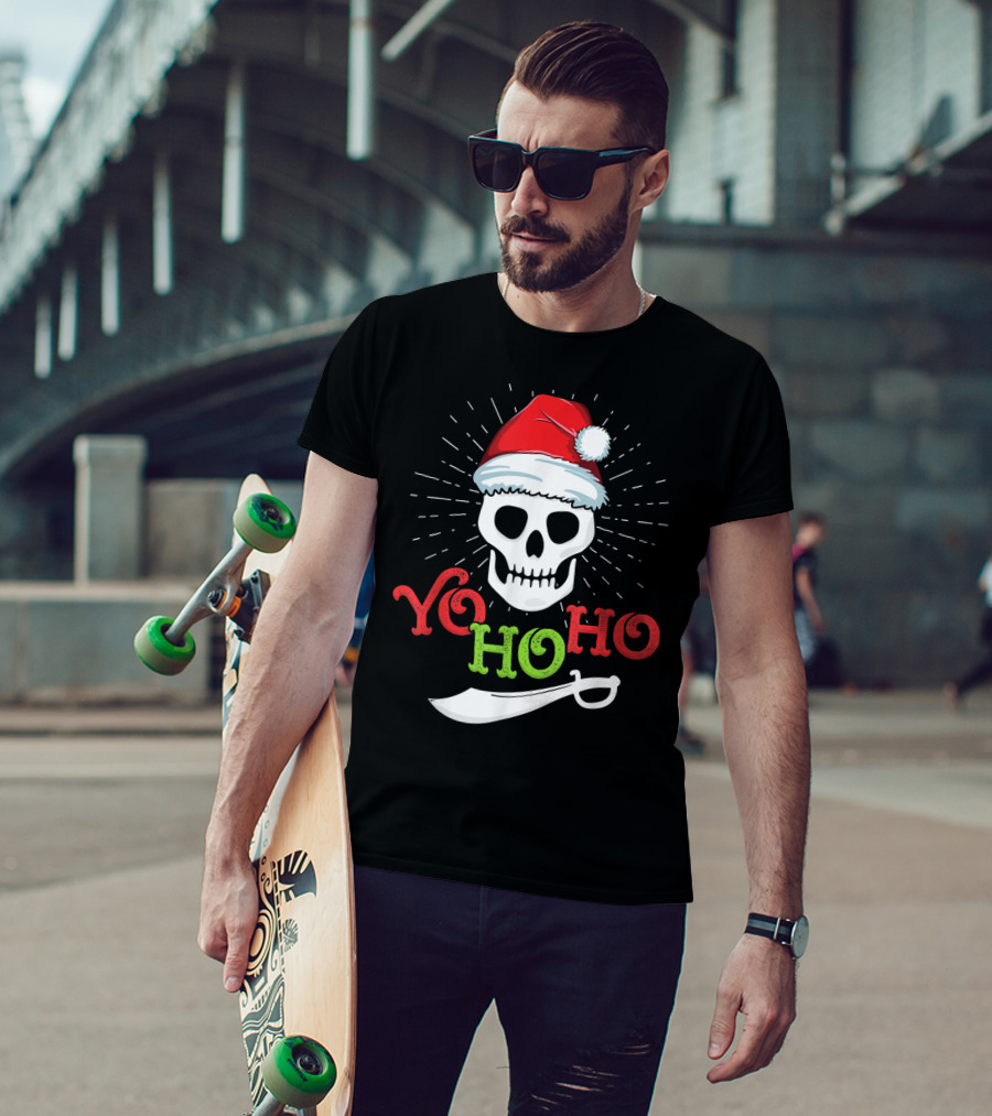 Yo Ho Ho Skull With Santa Hat And Sword T-Shirt