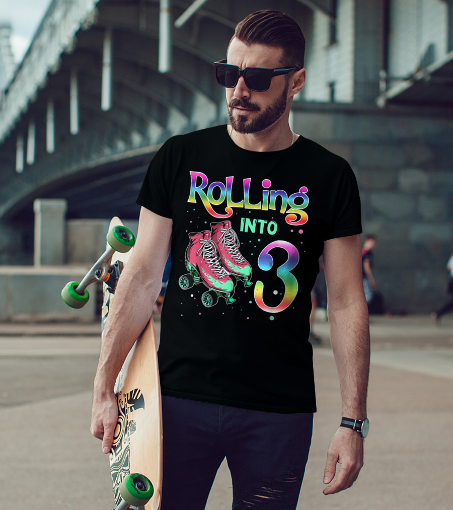 Rolling Into 3 Kids 3rd Birthday Roller Skates T-Shirt