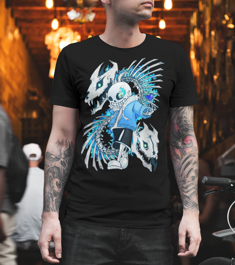Sans Undertale Skeleton Flames Blue Heart Gaming Character T-Shirt