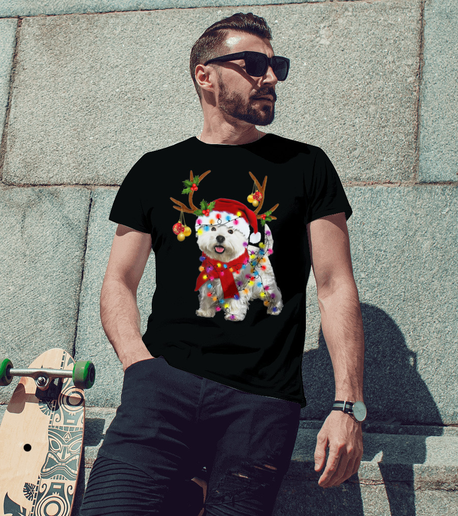 Santa Westie Dog Reindeer Lights Holiday T-Shirt