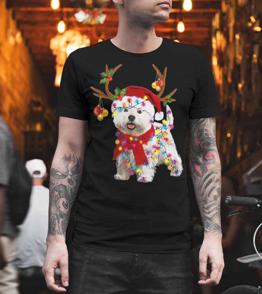 Santa Westie Dog Reindeer Lights Holiday T-Shirt