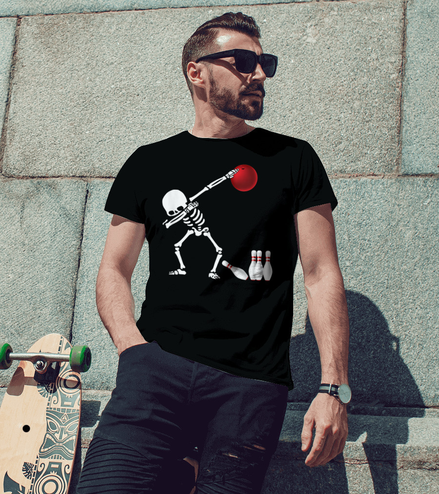 Skeleton Bowler Dabbing With Red Bowling Ball And Pins Fun Bones Lover T-Shirt