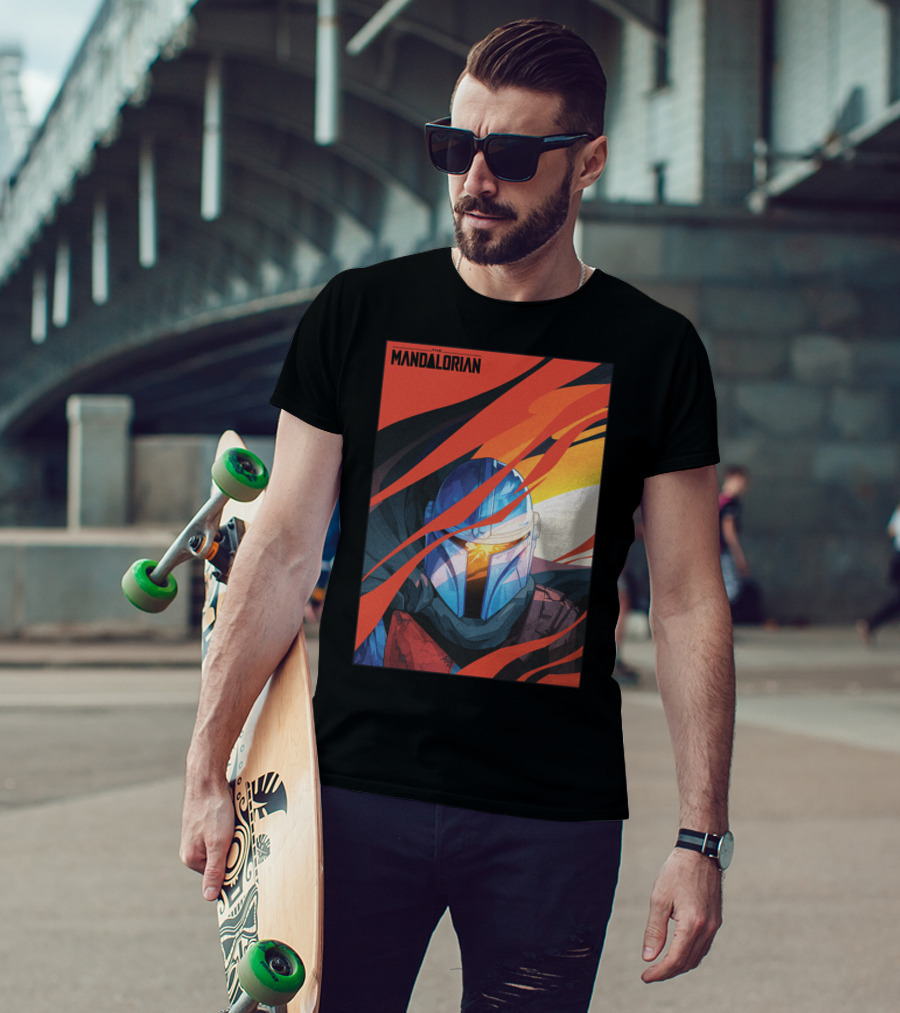 Star Wars The Mandalorian Helmet With Red And Orange Abstract Waves T-Shirt