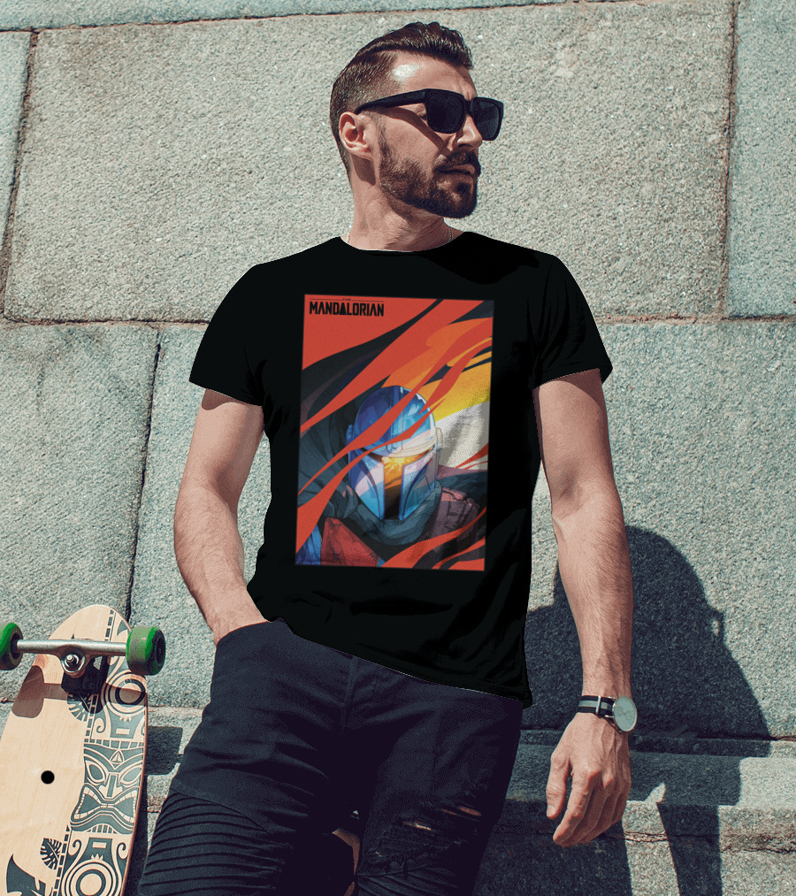 Star Wars The Mandalorian Helmet With Red And Orange Abstract Waves T-Shirt