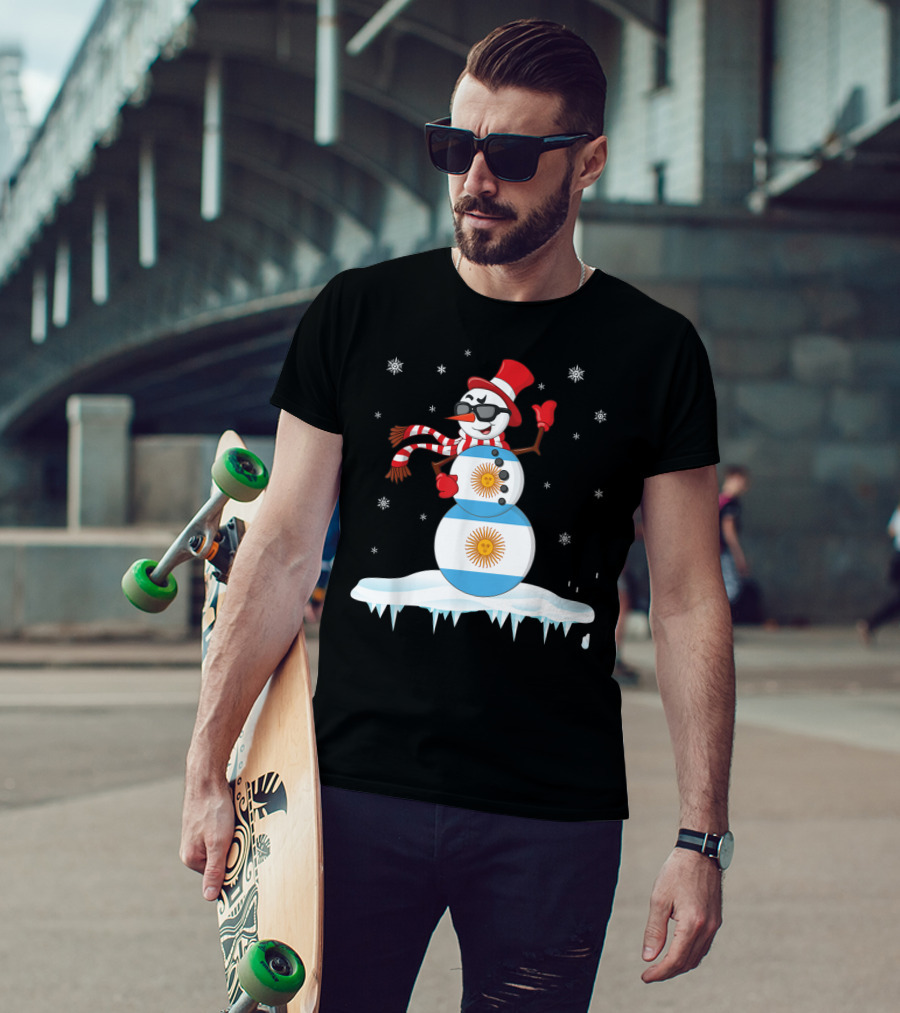 Argentinian Flag Snowman Dancing In Sunglasses Merry Winter T-Shirt