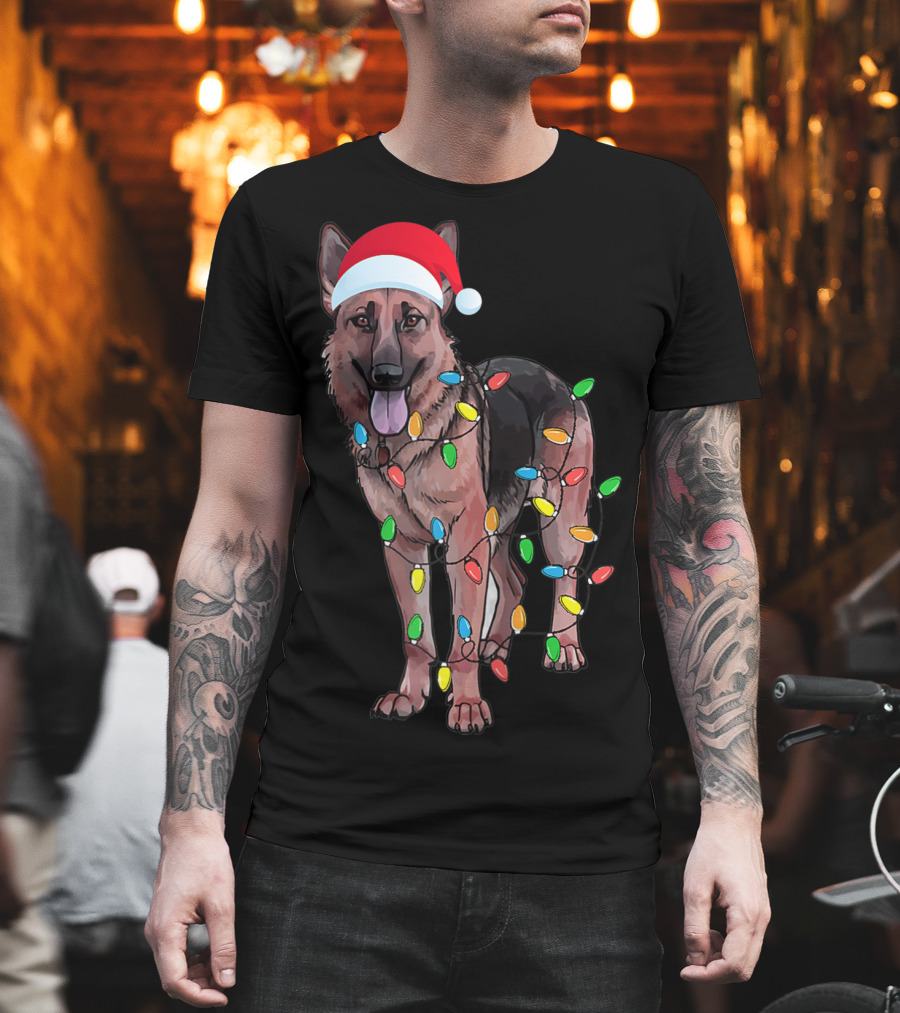Christmas German Shepherd Dog Santa Hat Wrapped in Lights T-Shirt