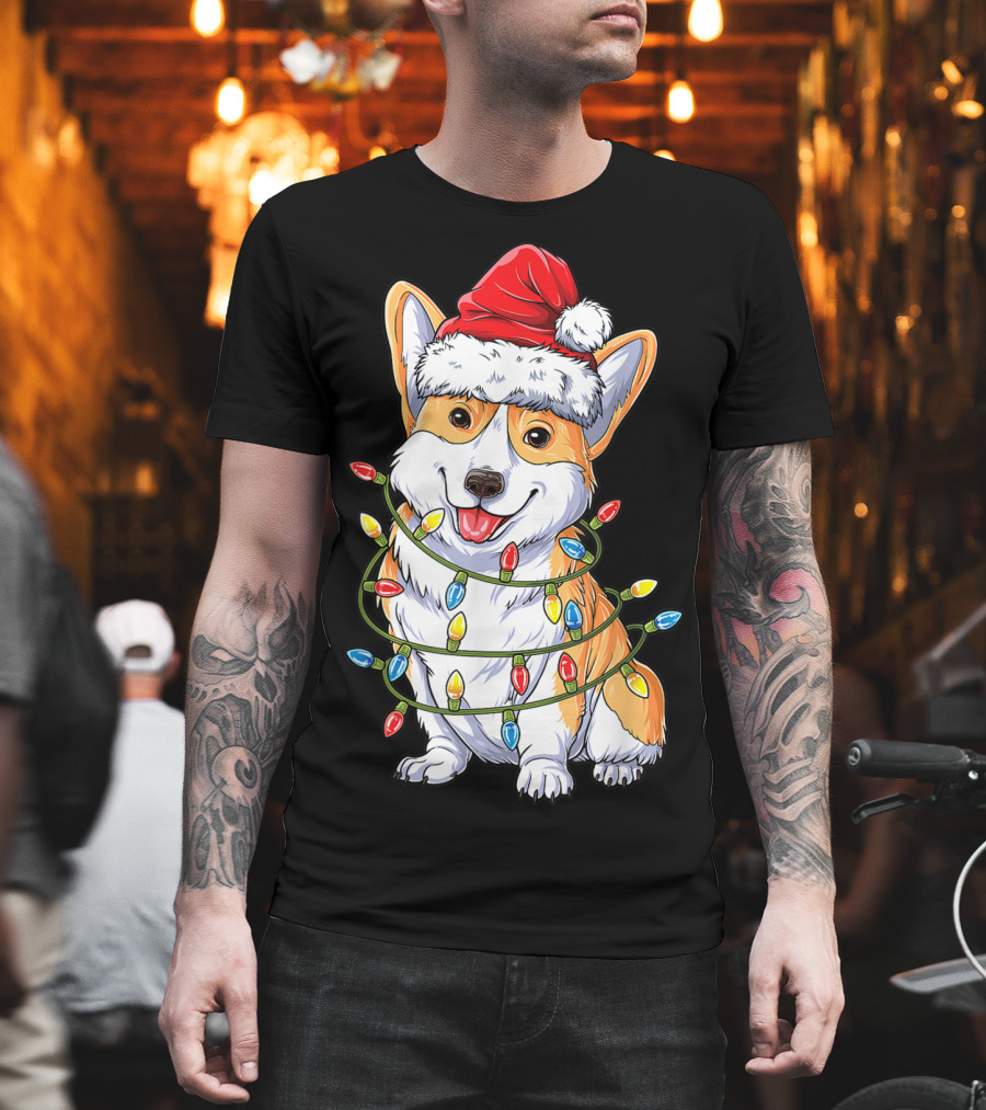 Corgi Santa Hat Wrapped in Christmas Tree Lights T-Shirt
