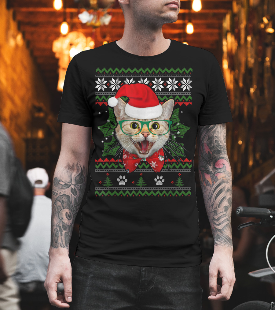 Santa Cat Holiday Ugly Christmas Sweater Look with Holly and Paws T-Shirt