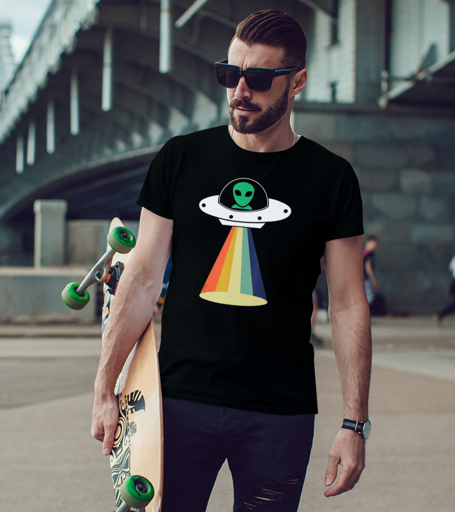 Rainbow Beam UFO Alien Christmas Outerspace Visitor T-Shirt