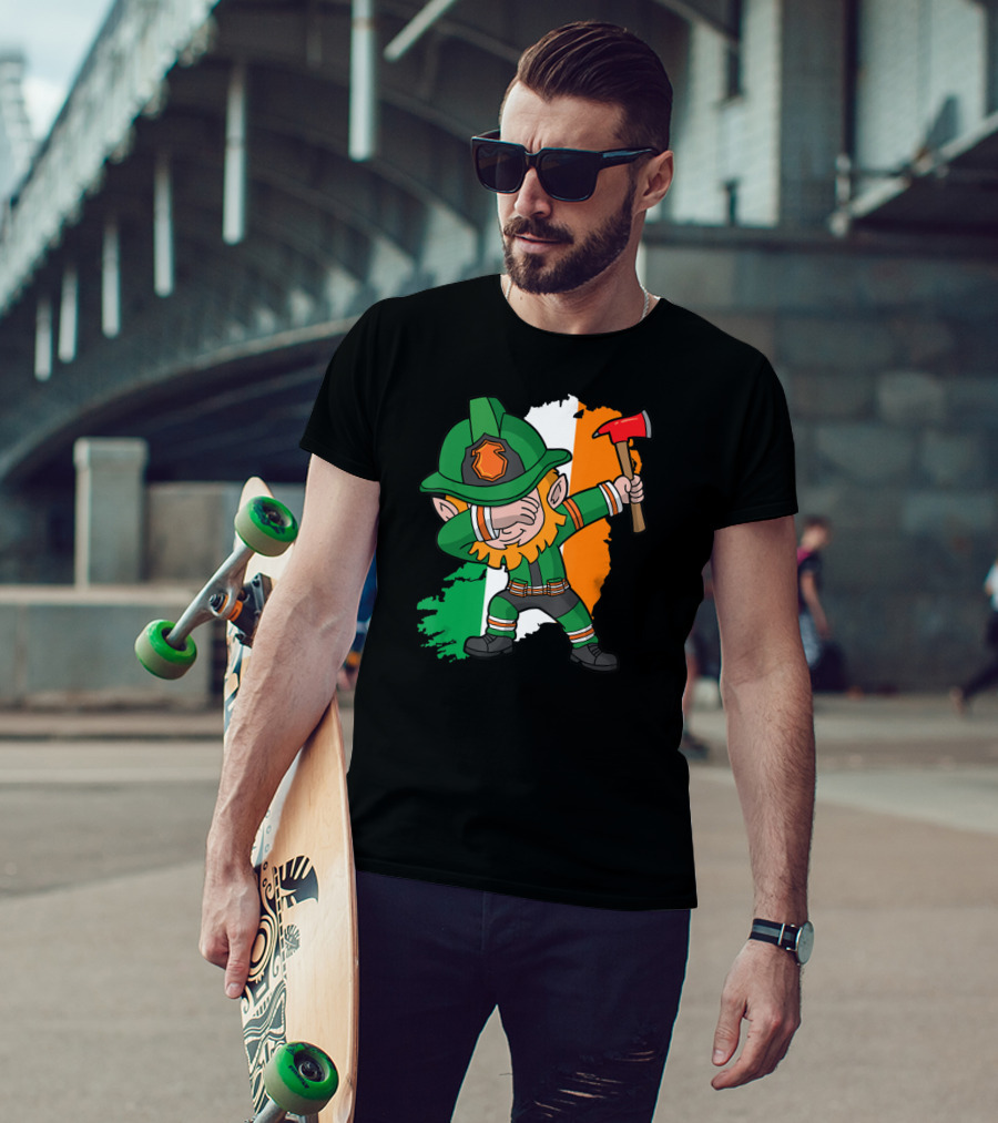 Leprechaun Dabbing Firefighter Irish Flag Background T-Shirt